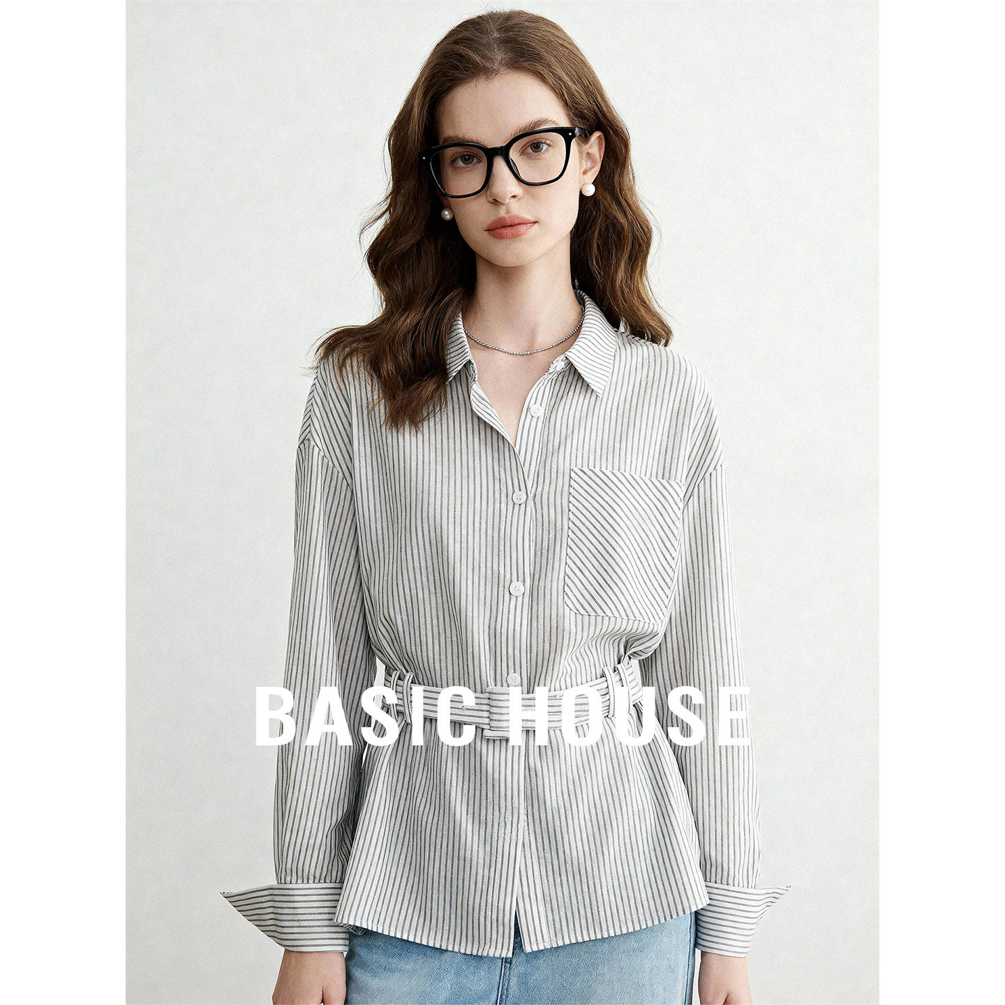 Basic House/百家好polo领黑白条纹收腰衬衫女春新款百搭短款上衣