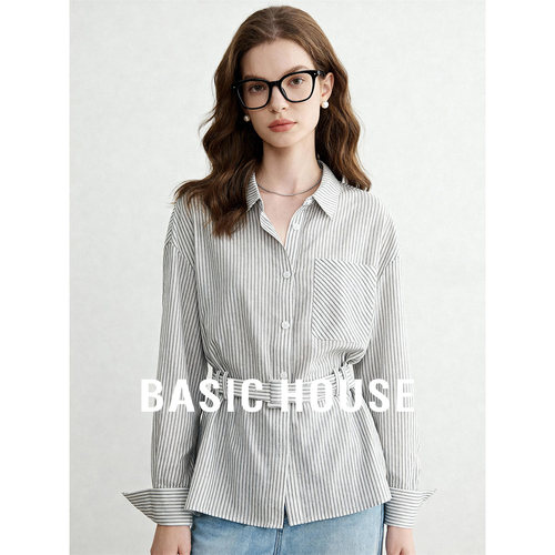 Basic House/百家好polo领黑白条纹收腰衬衫春新款莱赛尔短款上衣