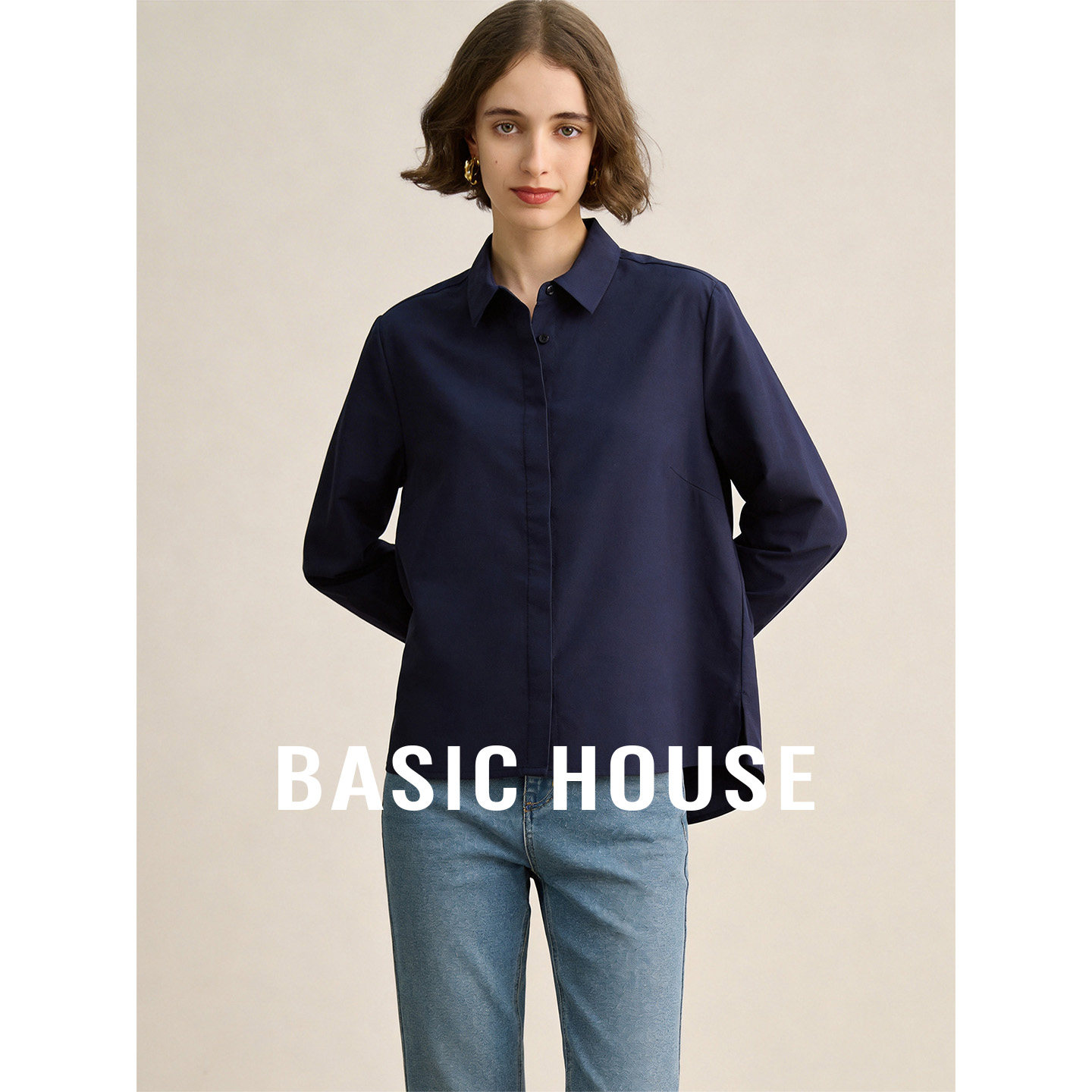 Basic House/百家好藏蓝色简约衬衫女26秋季休闲百搭长袖外搭上衣