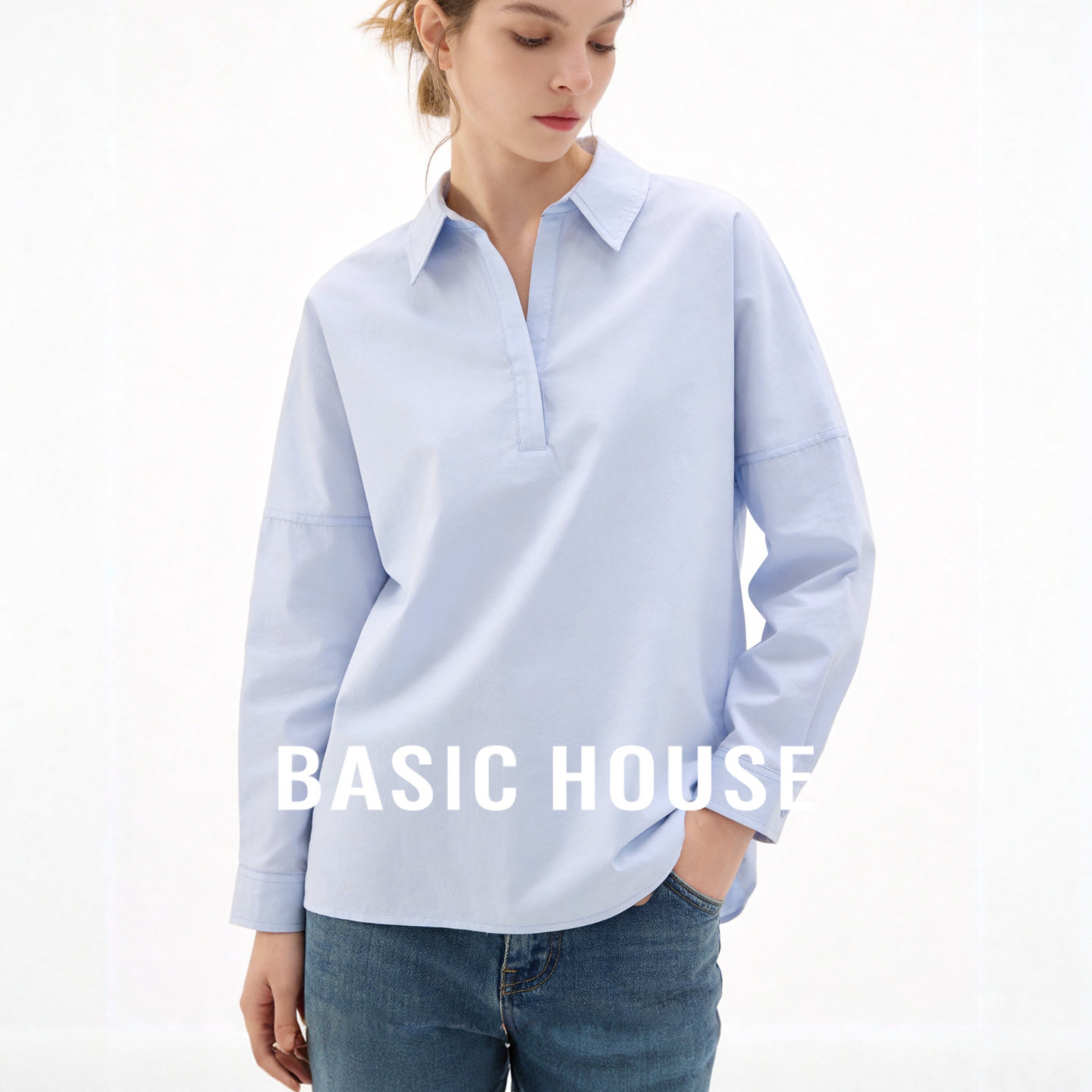 Basic House/百家好蓝色半开襟翻领衬衫女2026秋季简约百搭衬衣