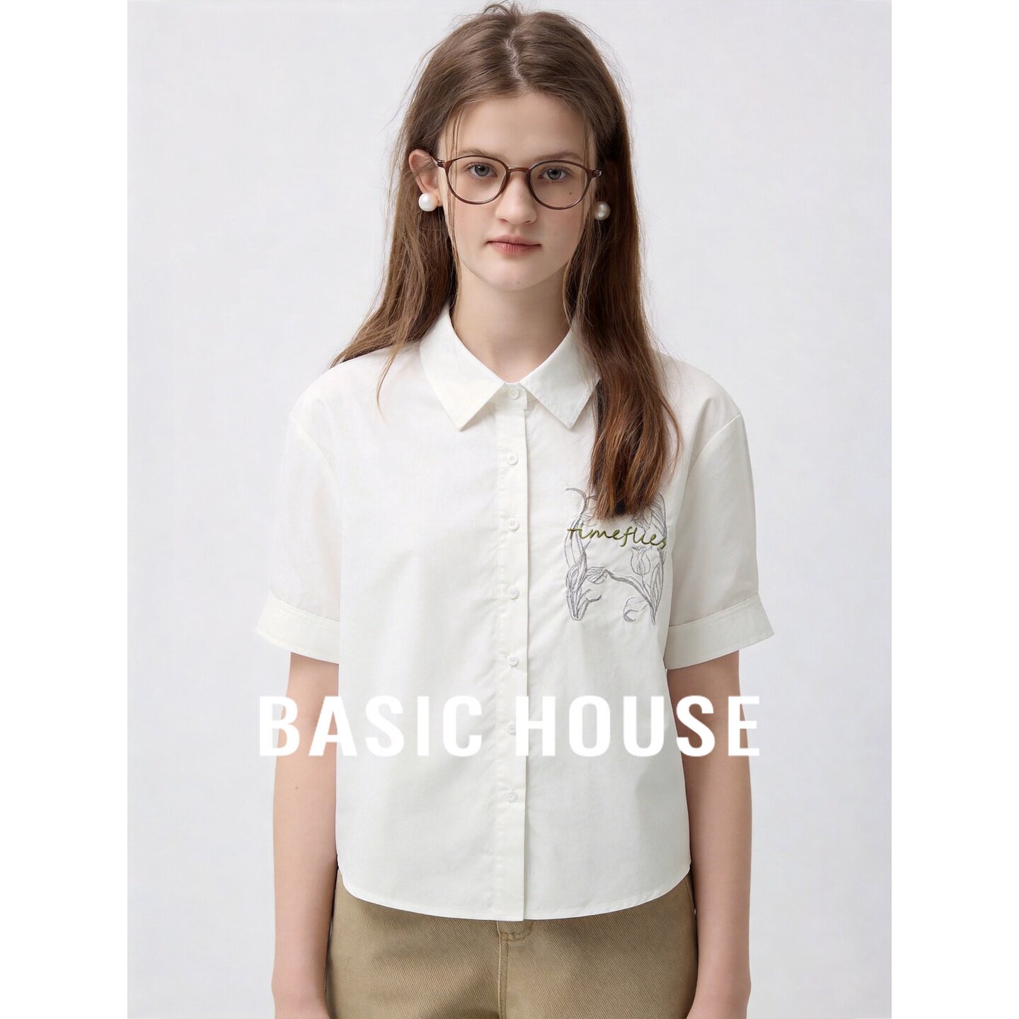Basic House/百家好莱赛尔字母刺绣短袖翻领衬衫女白色宽松高级感