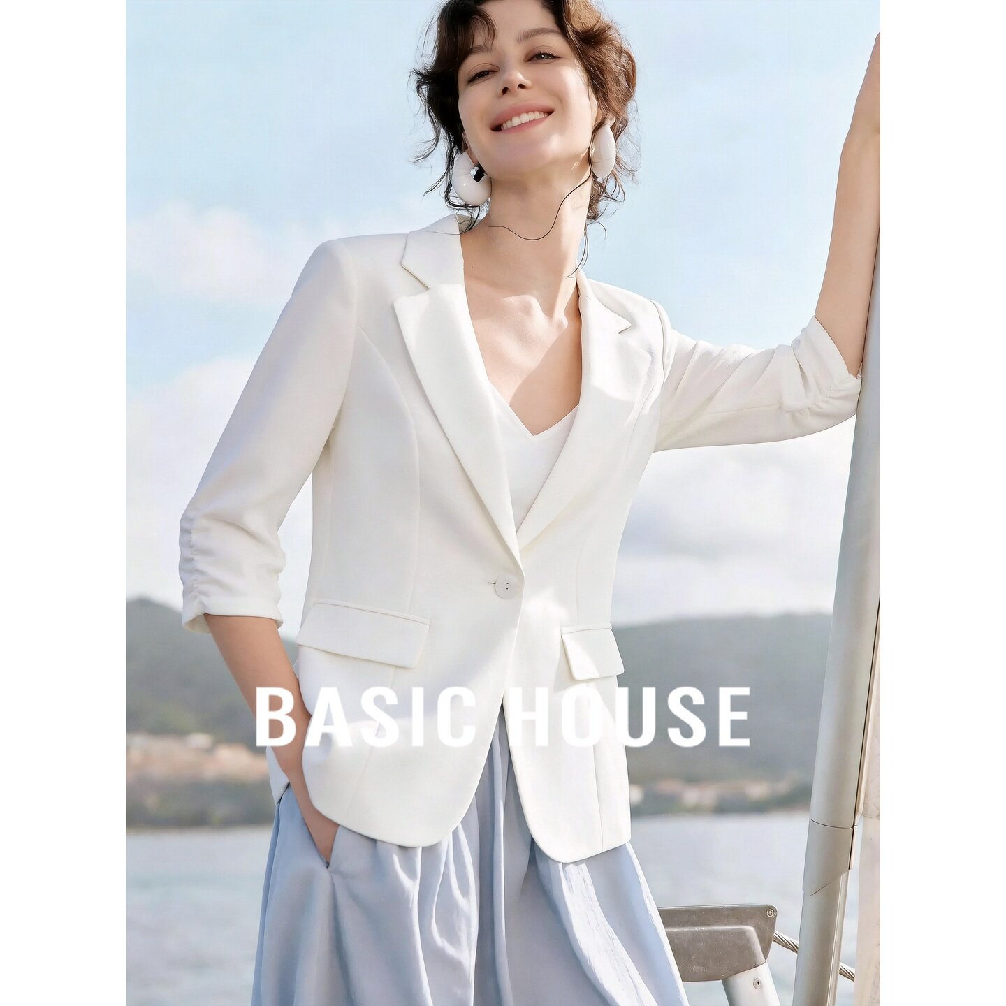 Basic House/百家好时尚白色七分袖西装外套女百搭翻领职业装上衣