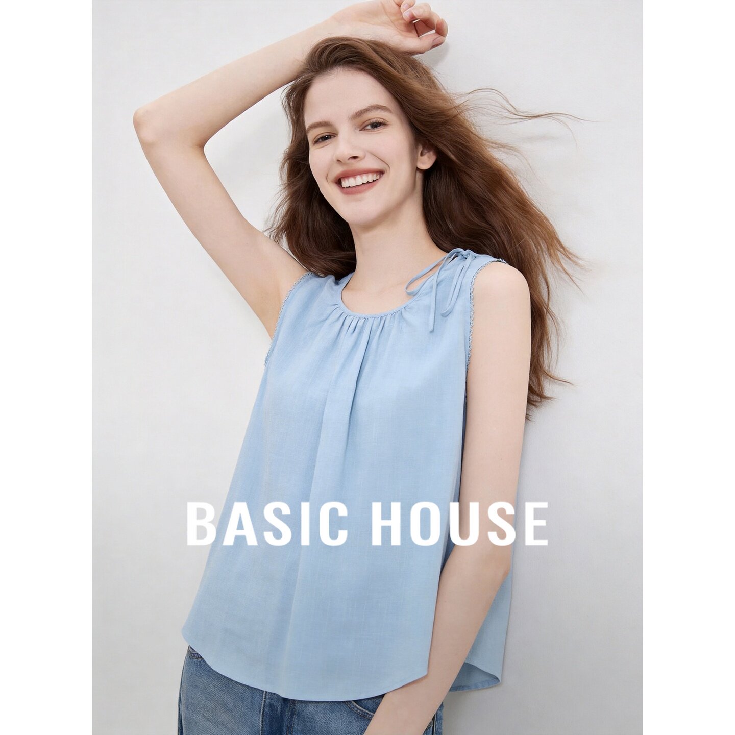 Basic House/百家好浅蓝色无袖衬衫女夏新款系带领松弛感穿搭上衣