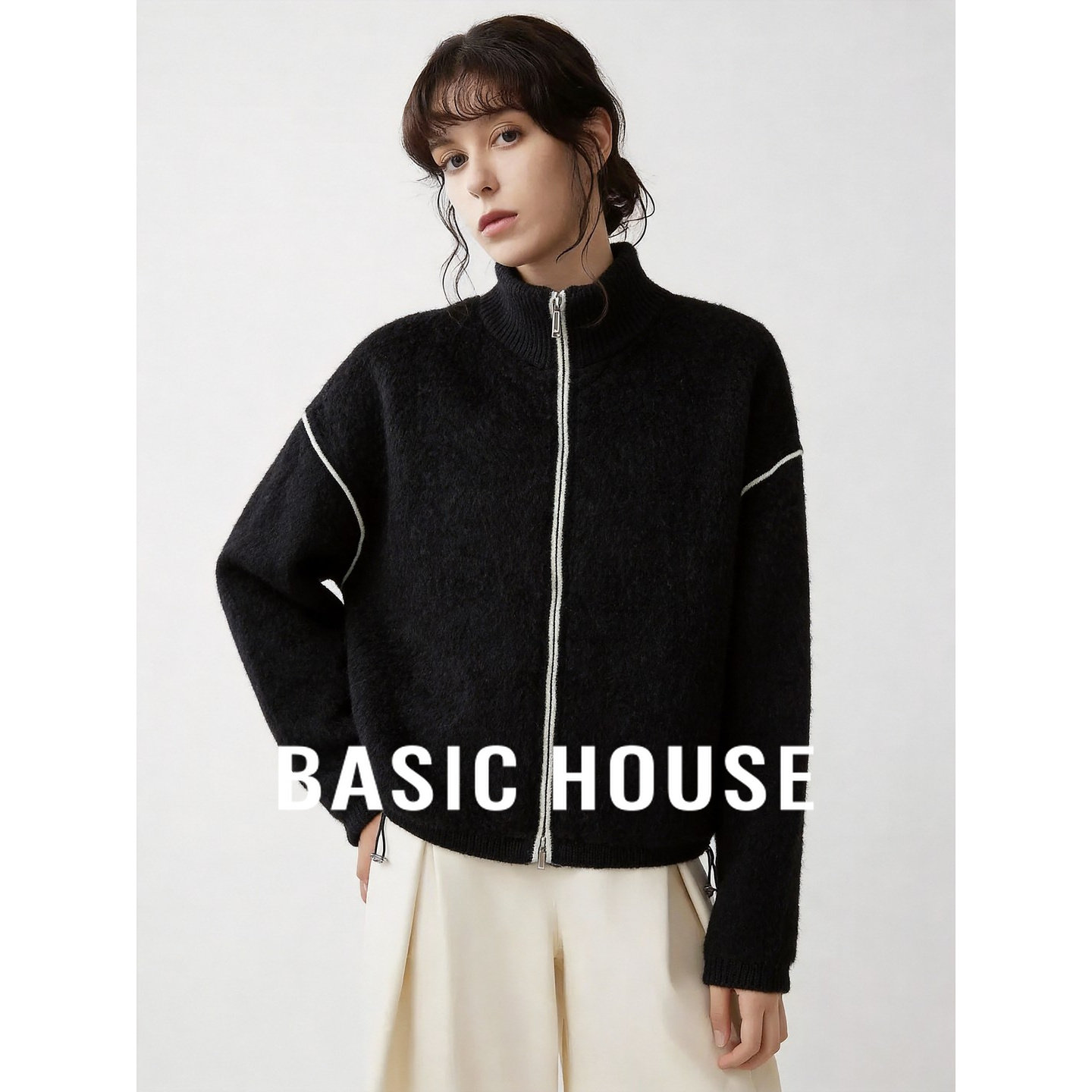 Basic House/百家好极简黑色立领拉链针织开衫女羊毛舒适毛衣外套