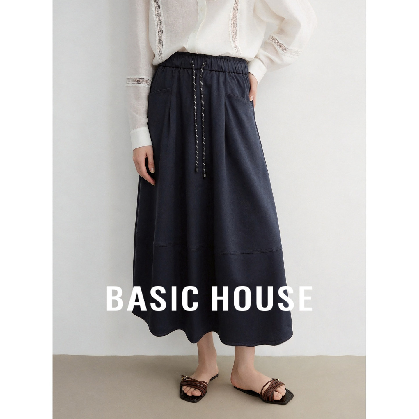 Basic House/百家好抽绳半身裙藏蓝色A字中长裙遮肉百搭复古半裙