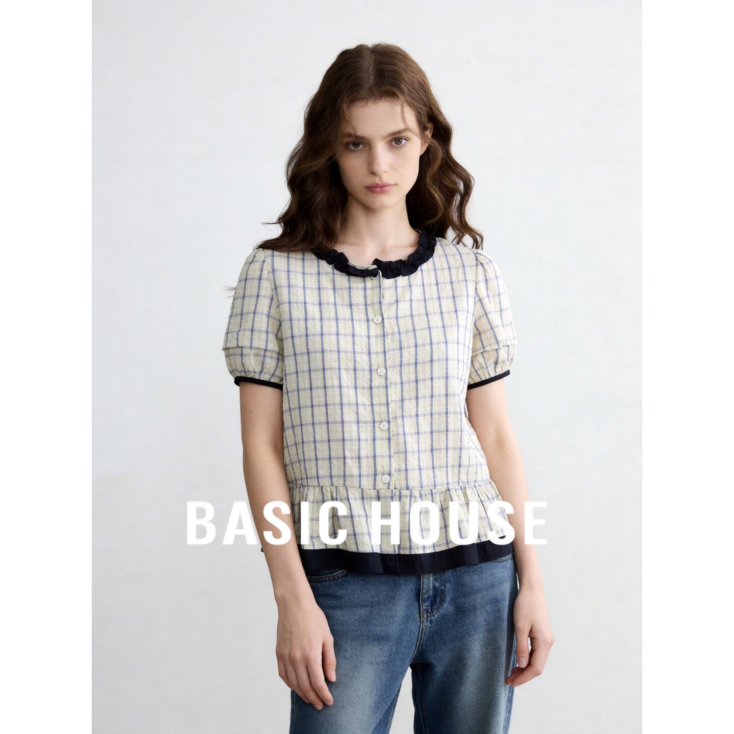 Basic House/百家好森系纯棉格子短袖衬衫女木耳边泡泡袖减龄上衣