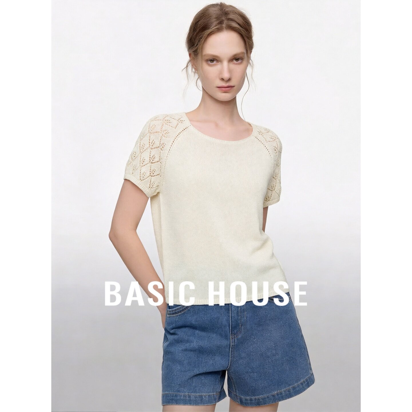 Basic House/百家好韩系镂空钩花插肩袖针织衫女短袖显瘦薄款上衣