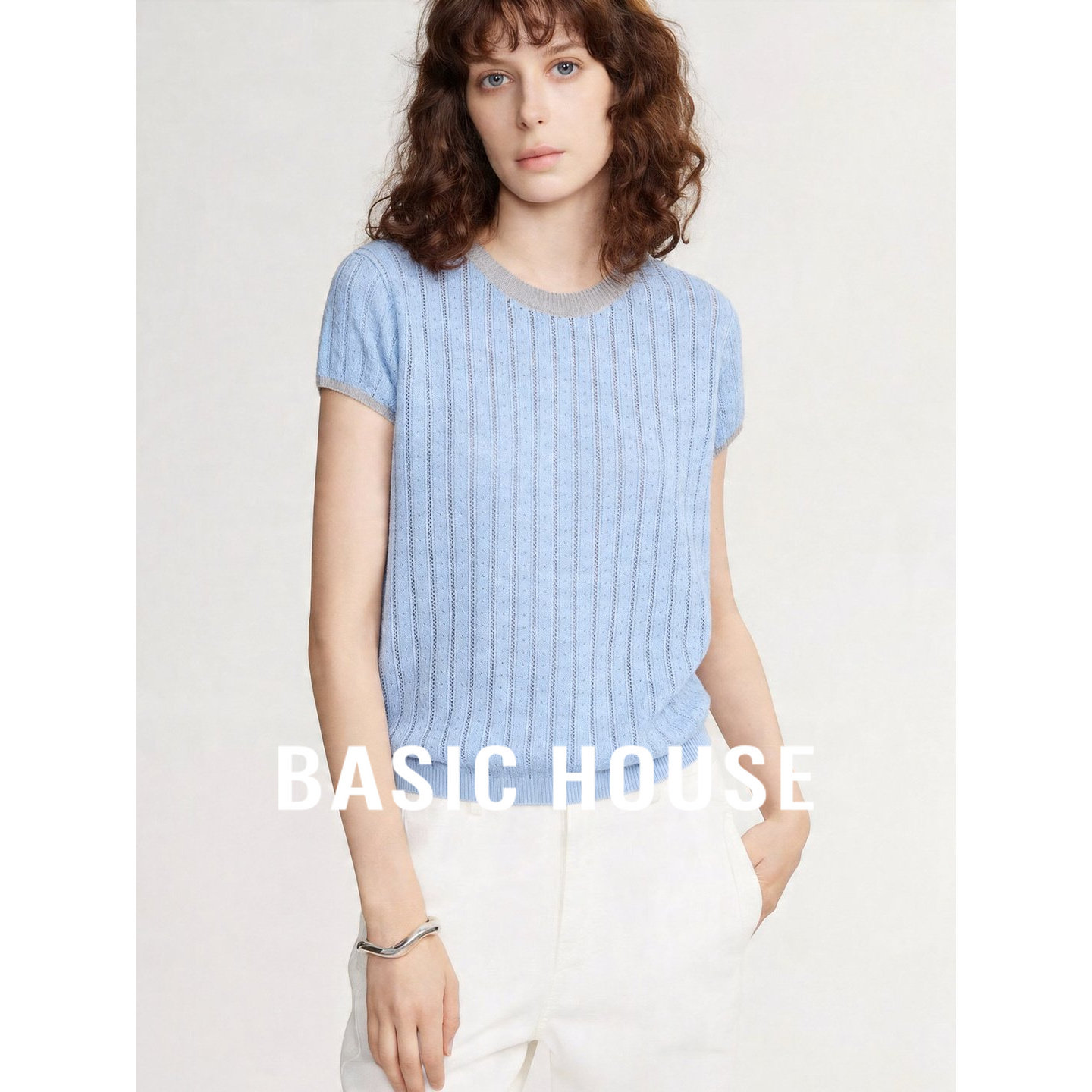 Basic House/百家好蓝色圆领绞花短袖针织衫女夏季韩系莱赛尔上衣