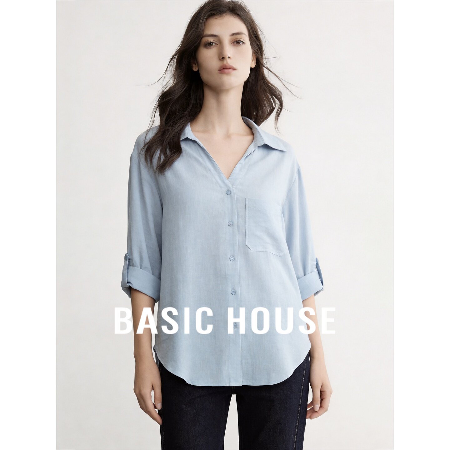 Basic House/百家好2026秋季浅蓝色翻领口袋宽松七分袖休闲风衬衫