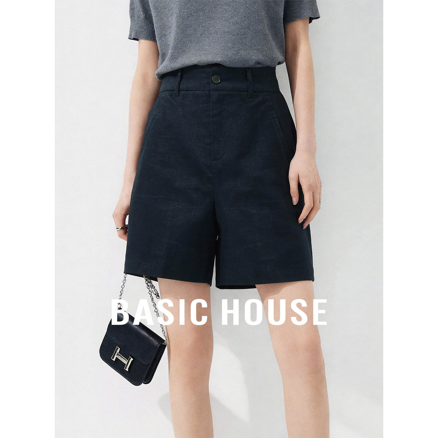 Basic House/百家好极简高腰A字阔腿短款2026新款纯色宽松休闲裤