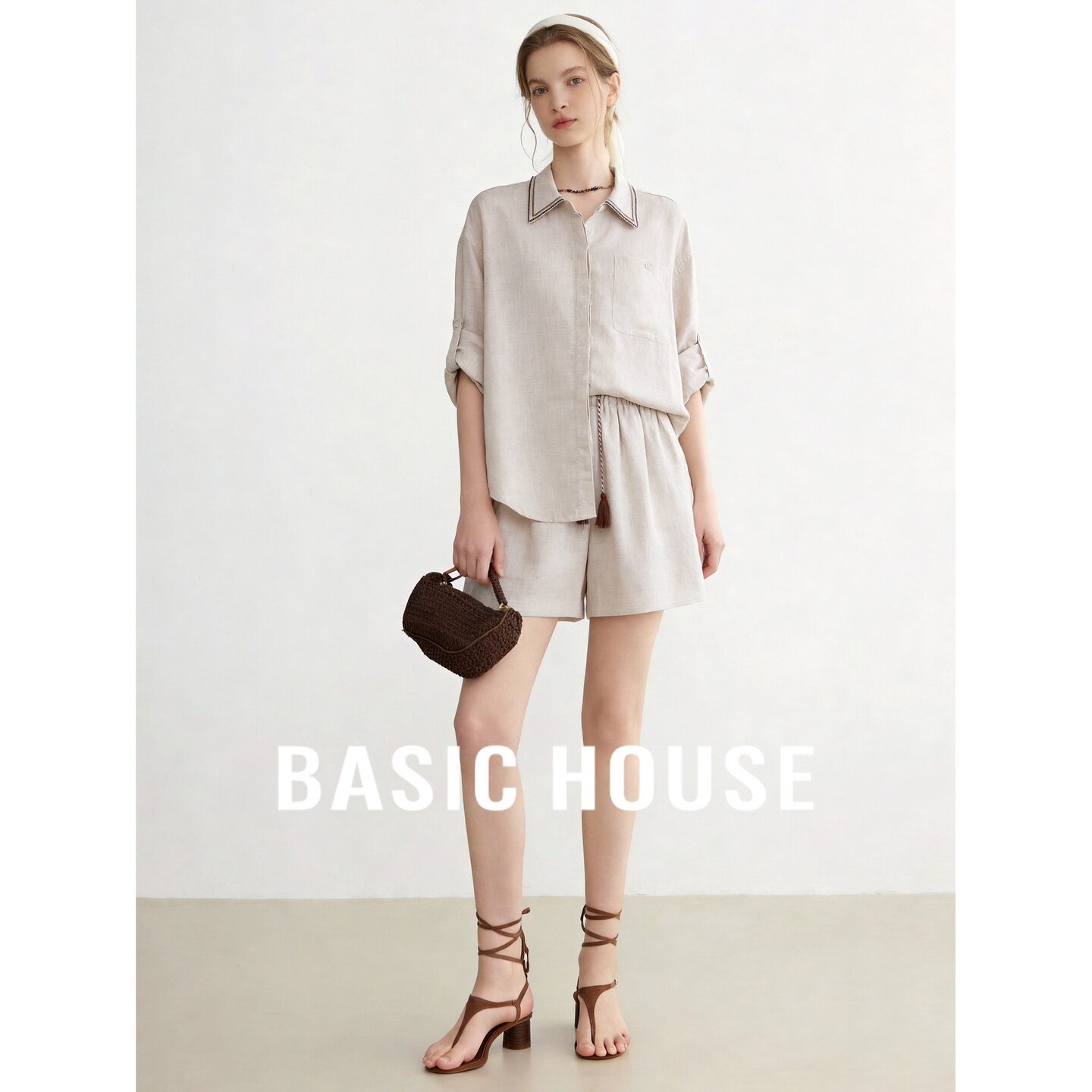 Basic House/百家好简约莱赛尔亚麻衬衫短裤套装女夏雨露色两件套
