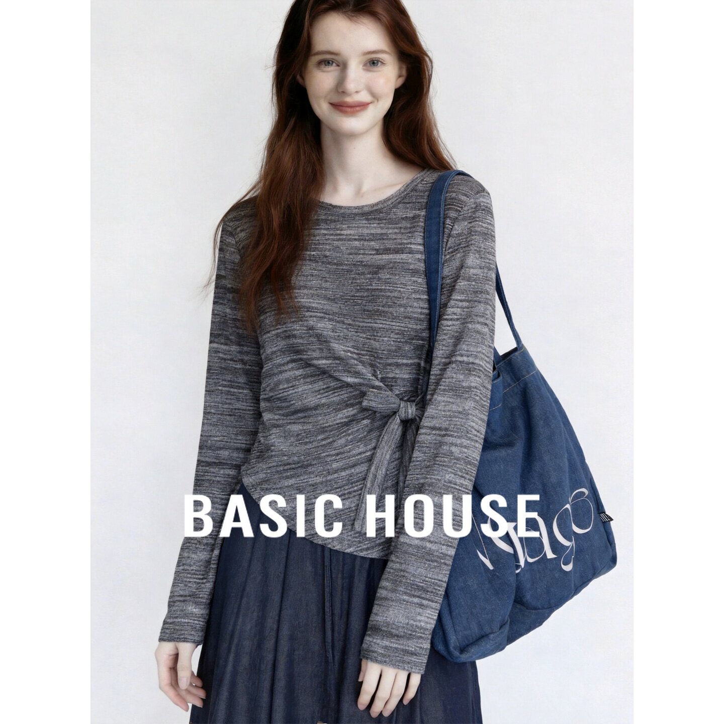 Basic House/百家好深灰条纹圆领蝴蝶结收腰长袖流行新款简约T恤