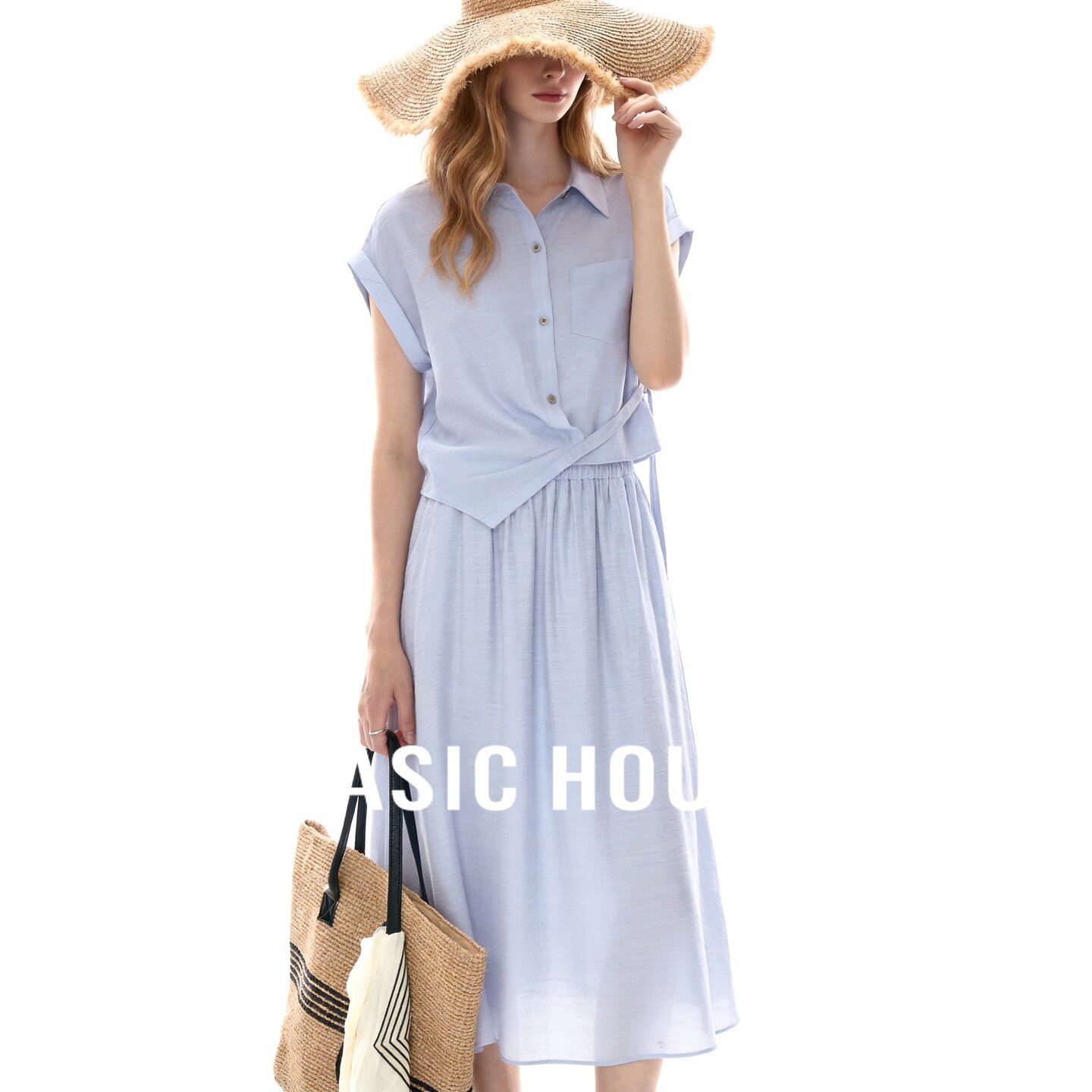 Basic House/百家好蓝色短袖系扣飘带衬衫半身裙两件套女夏季套装