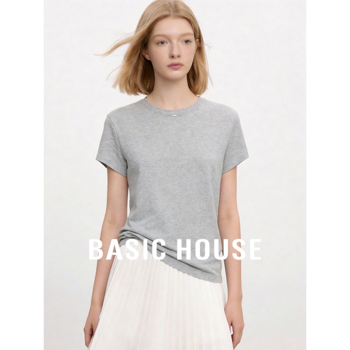 Basic House/百家好灰色简约短袖T恤女夏季正肩百搭休闲亚麻上衣
