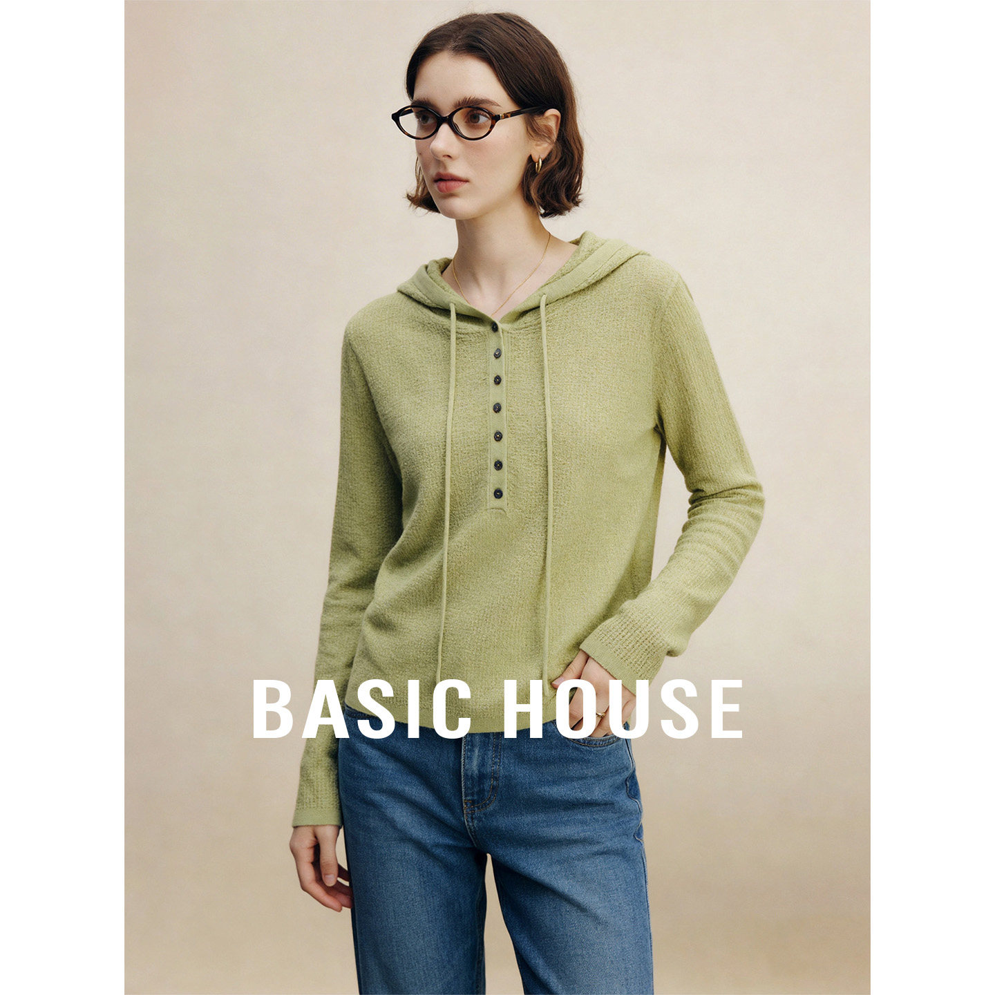 Basic House/百家好纯色连帽抽绳针织衫秋季新款百搭长袖短款上衣