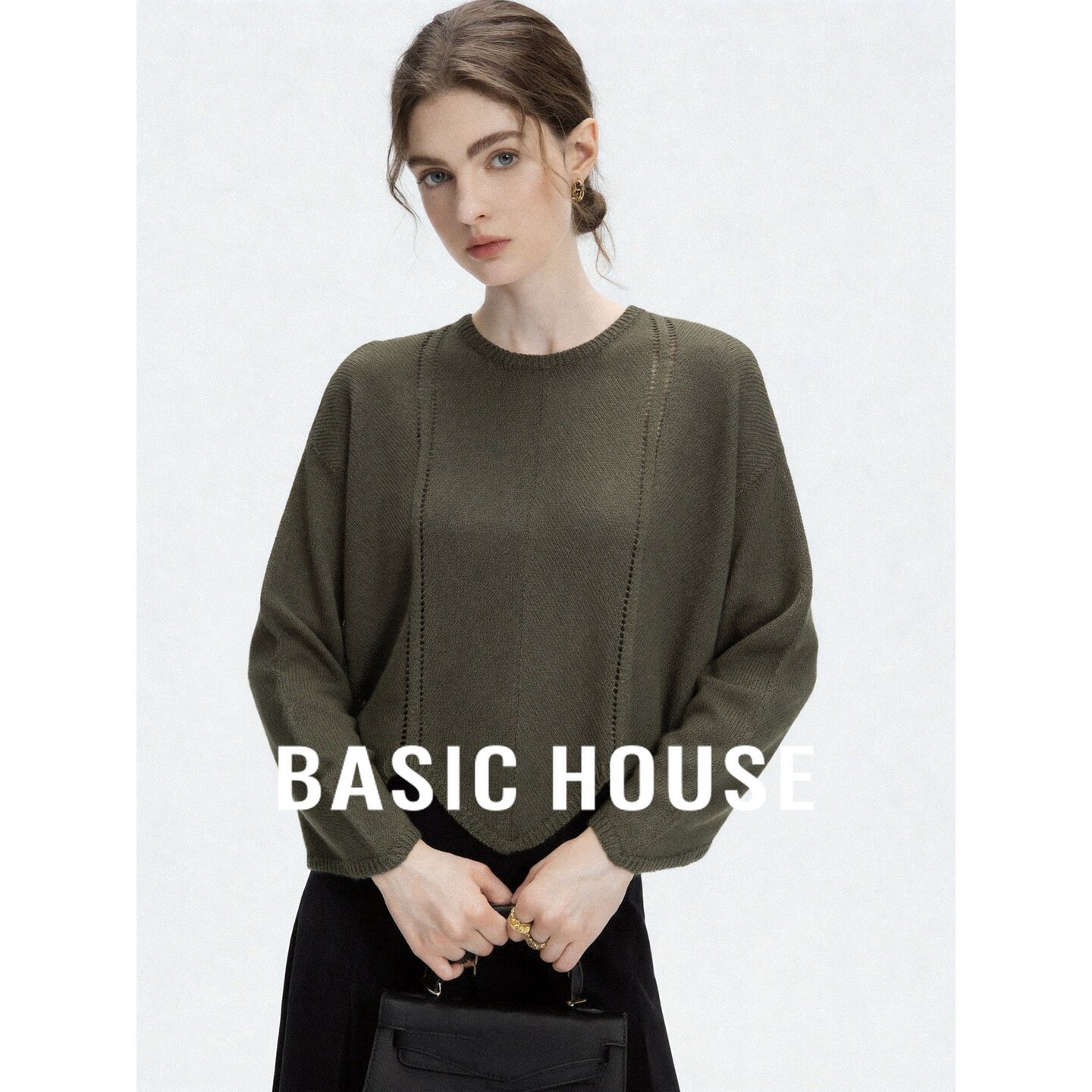 Basic House/百家好设计感圆领针织衫女秋宽松套头不规则百搭上衣