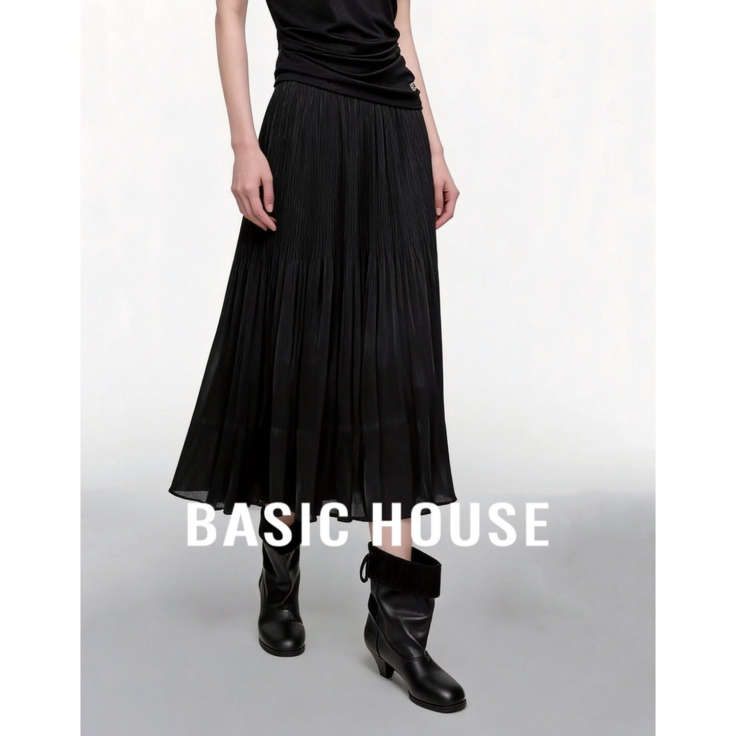 Basic House/百家好优雅风黑色百褶半身裙女中长款长裙高级感气质