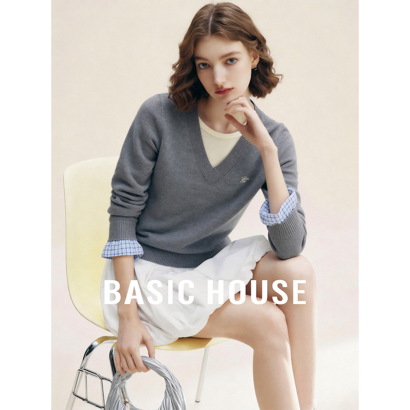 Basic House/百家好撞色拼接假两件针织衫女新款格纹袖口短款上衣