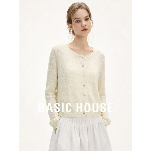 Basic House/百家好莱赛尔圆领开衫上衣女夏季新款纯色宽松针织衫