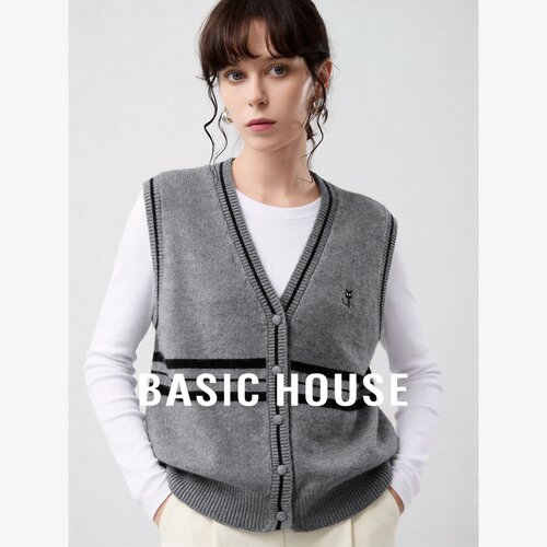 Basic House/百家好学院风V领针织马甲女撞色假两件叠穿马夹背心