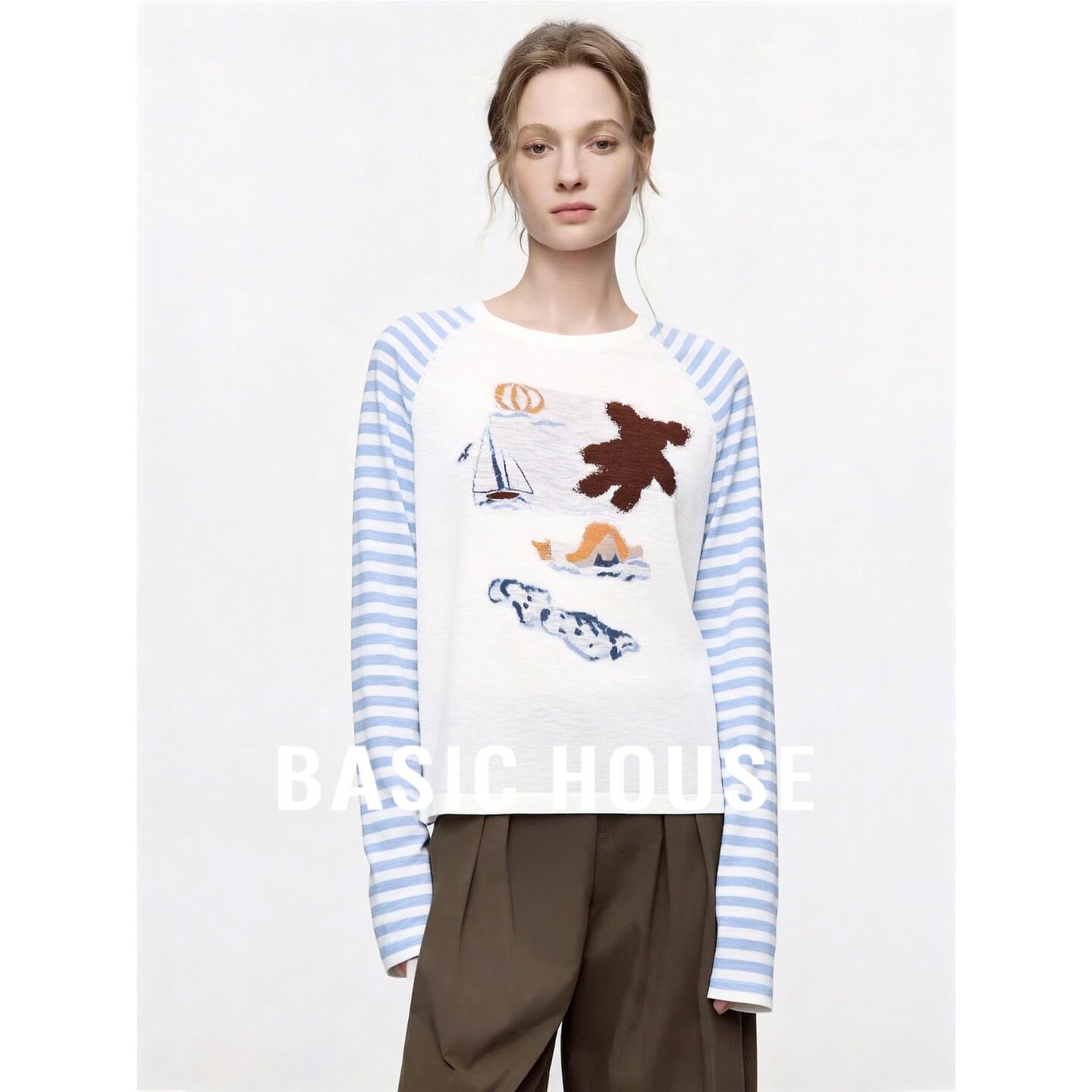 Basic House/百家好蓝色条纹拼接圆领针织衫宽松女秋新款百搭上衣