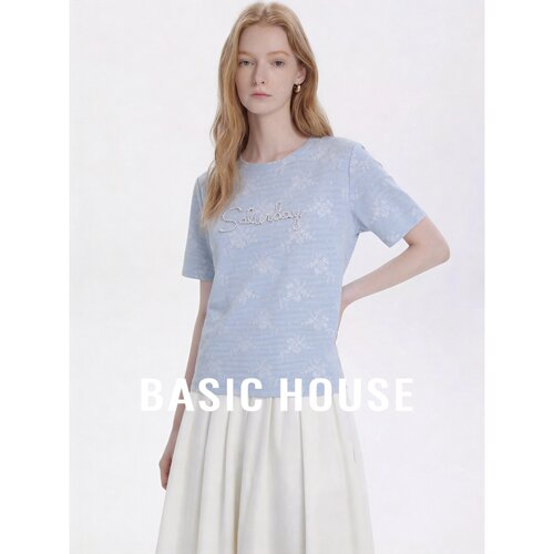Basic House/百家好蓝色圆领字母印花短袖T恤女夏季百搭显瘦上衣