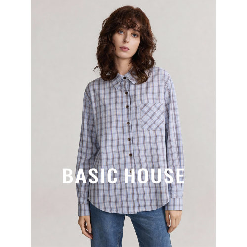 Basic House/百家好翻领撞色格子衬衫女26秋季新款百搭短款上衣