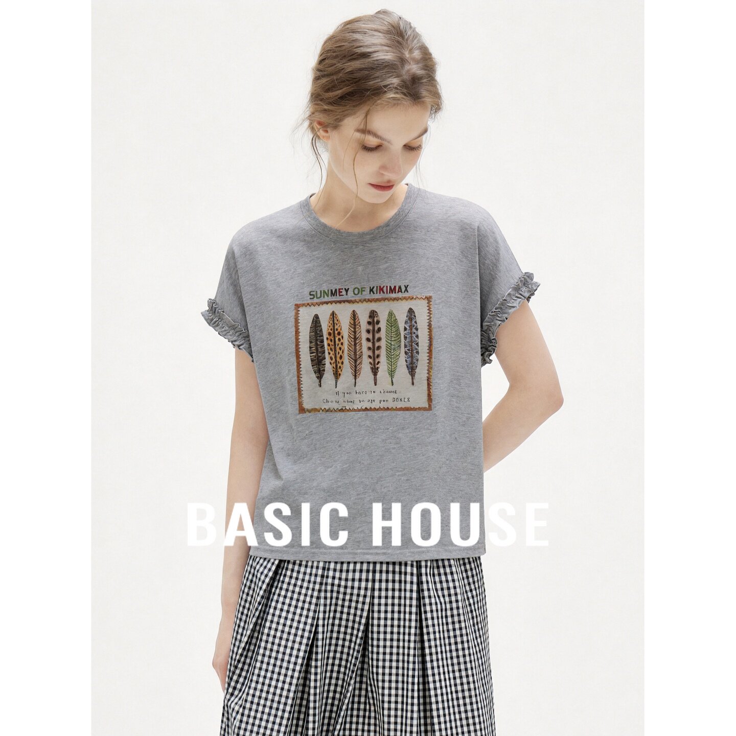 Basic House/百家好灰色印花短袖T恤女夏休闲宽松蕾丝袖圆领上衣