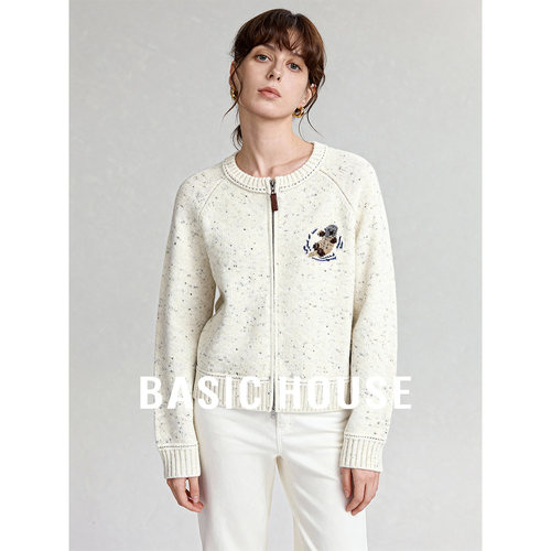 Basic House/百家好圆领拉链绵羊毛毛衣开衫女冬季保暖百搭上衣