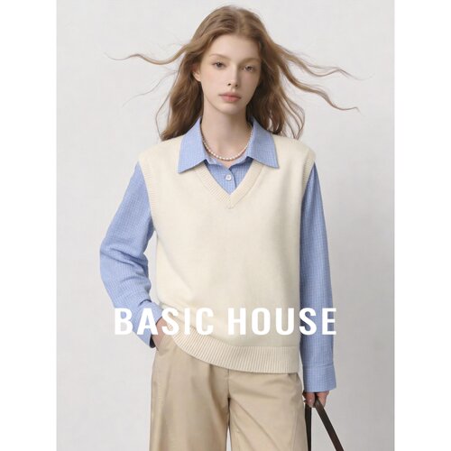 Basic House/百家好V领假两件针织衫女秋宽松叠穿通勤韩版米白色