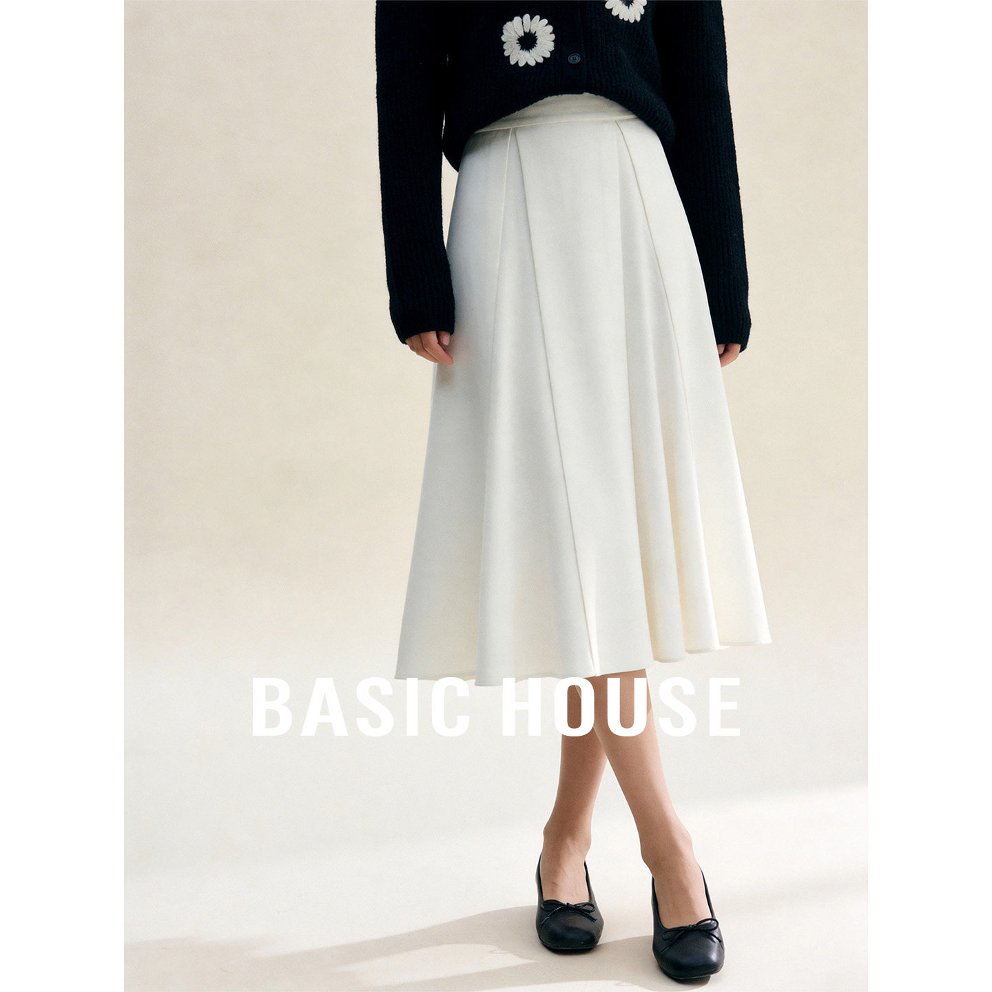 Basic House/百家好高腰中长款半身裙2026秋新款简约纯色A字裙子