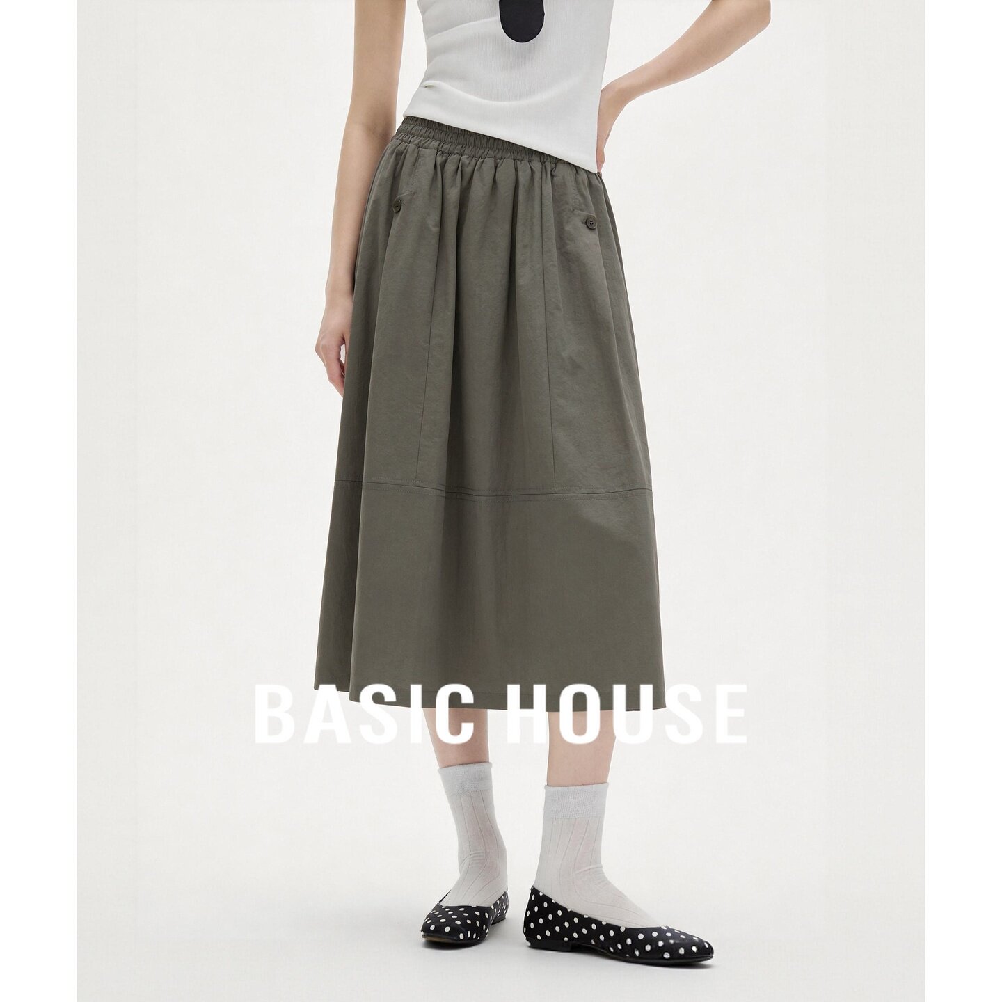 Basic House/百家好极简灰色纯棉半身裙女秋显瘦通勤中长款A字裙