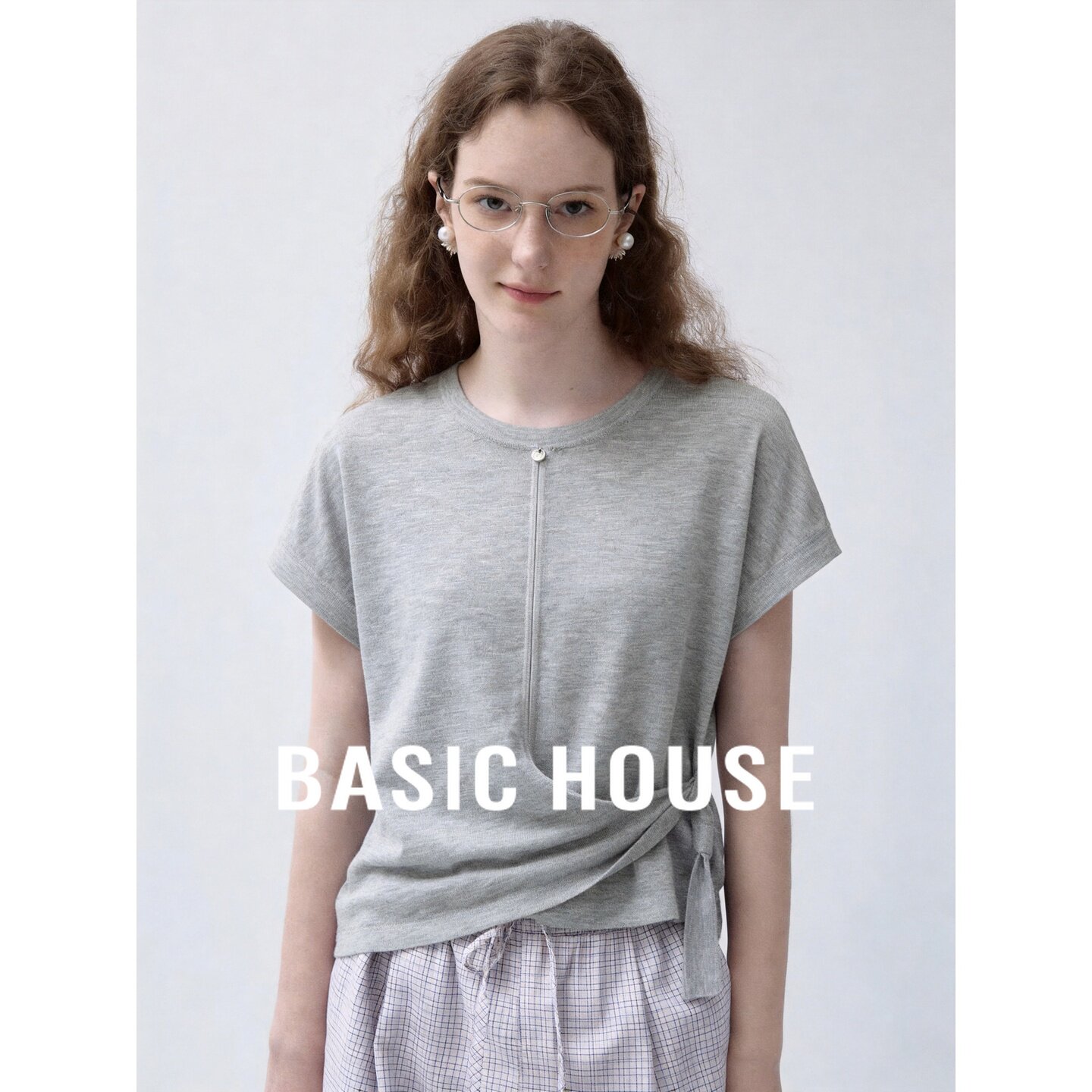 Basic House/百家好简约圆领短袖针织衫女夏季宽松侧系带灰色上衣