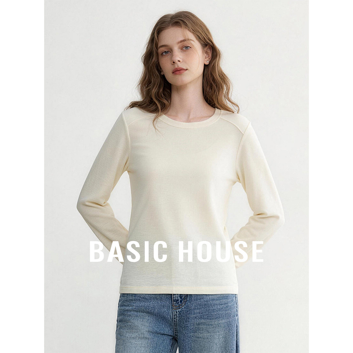 Basic House/百家好白色圆领羊毛T恤女秋新款基础简约长袖打底衫