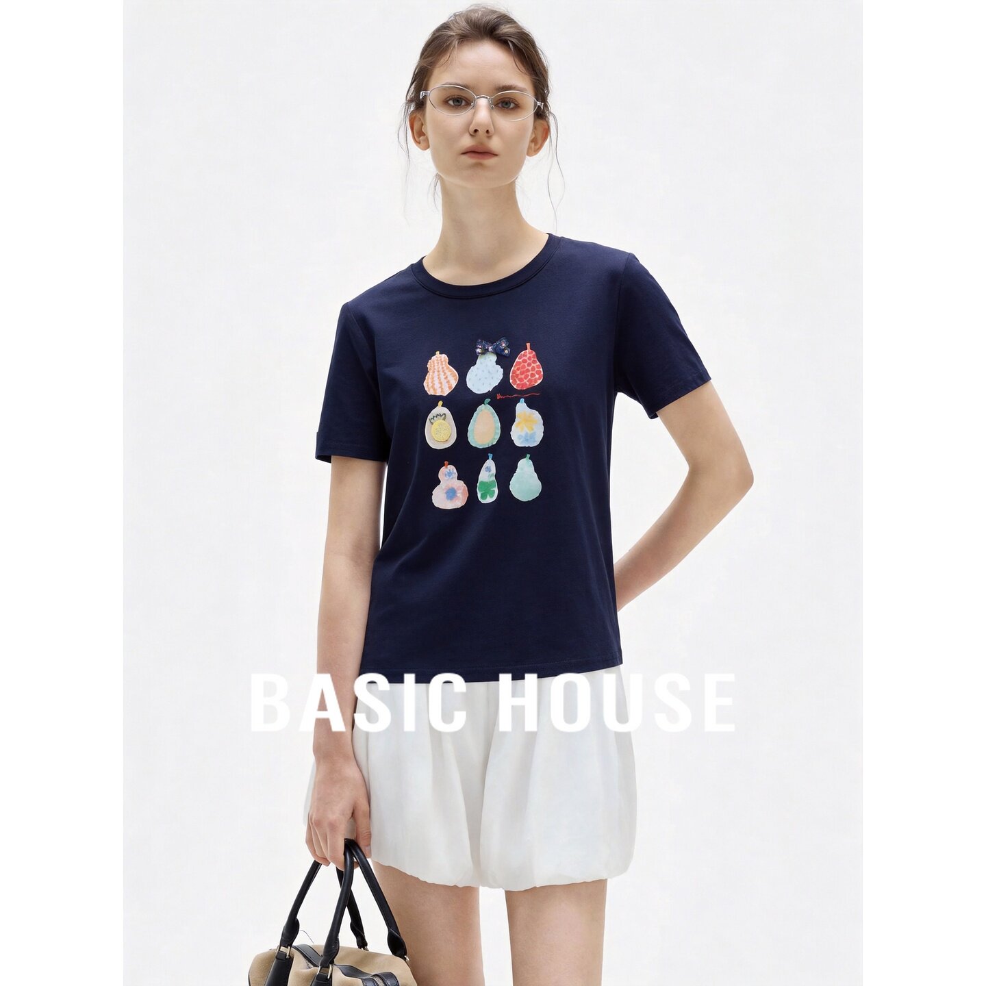 Basic House/百家好水果印花短袖T恤女夏季圆领宽松百搭减龄上衣