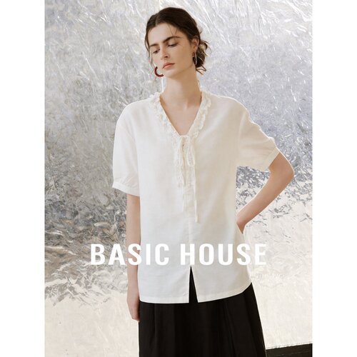 Basic House/百家好复古蕾丝风V领短袖衬衫蝴蝶结系带木耳边上衣
