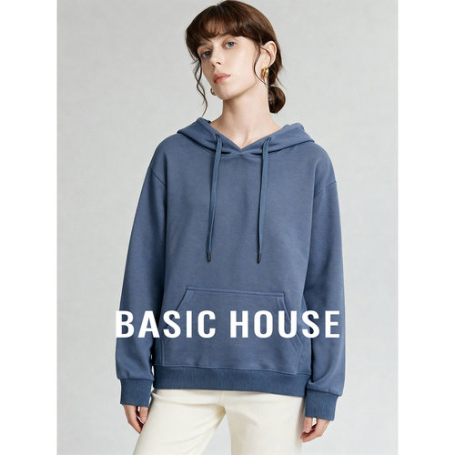 Basic House/百家好2026春季雾霾蓝连帽纯色宽松卫衣女百搭上衣
