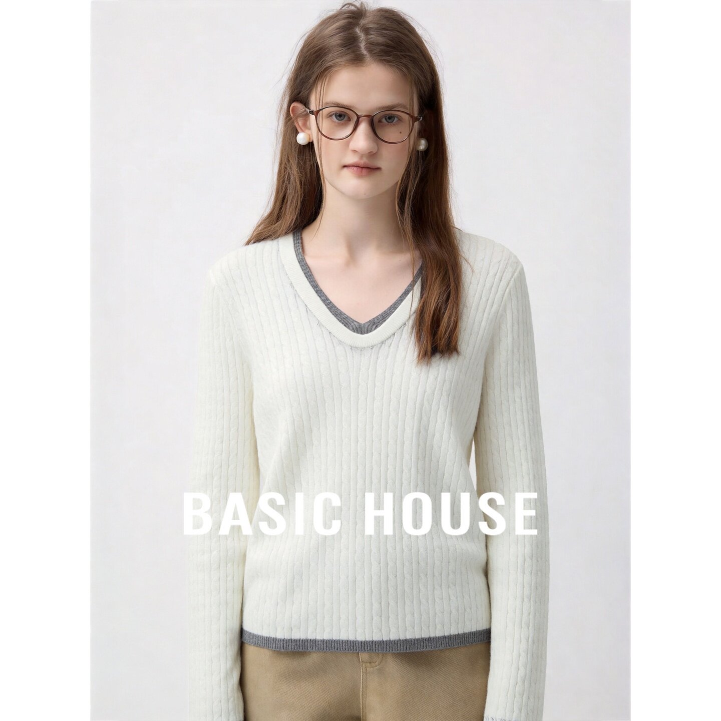 Basic House/百家好V领撞色条纹羊毛针织衫白色宽松百搭显瘦上衣