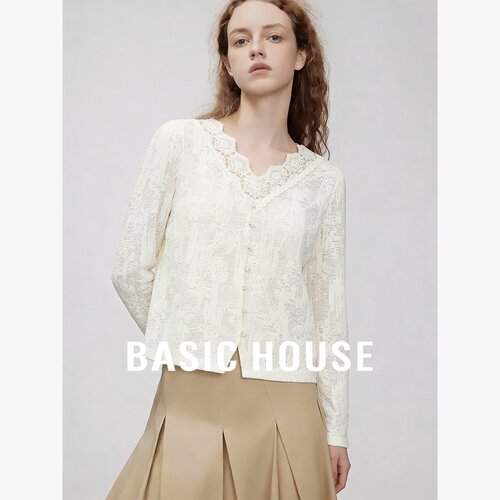 Basic House/百家好法式蕾丝拼接V领镂空针织开衫女修身气质上衣