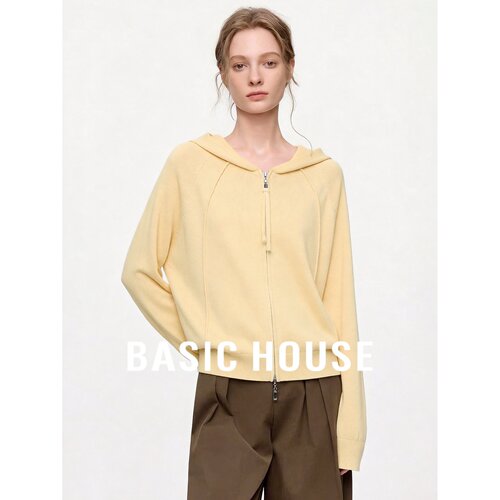 Basic House/百家好桑蚕丝连帽拉链针织开衫女宽松休闲百搭短外套