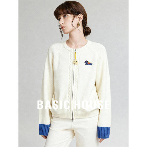 Basic House/百家好白色小马刺绣撞色毛衣开衫女秋季小众百搭上衣