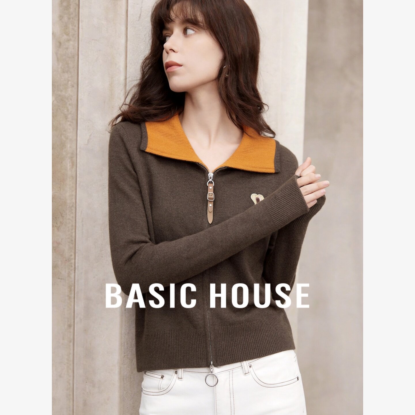 Basic House/百家好韩版撞色翻领拉链针织衫女修身设计感毛衣外套