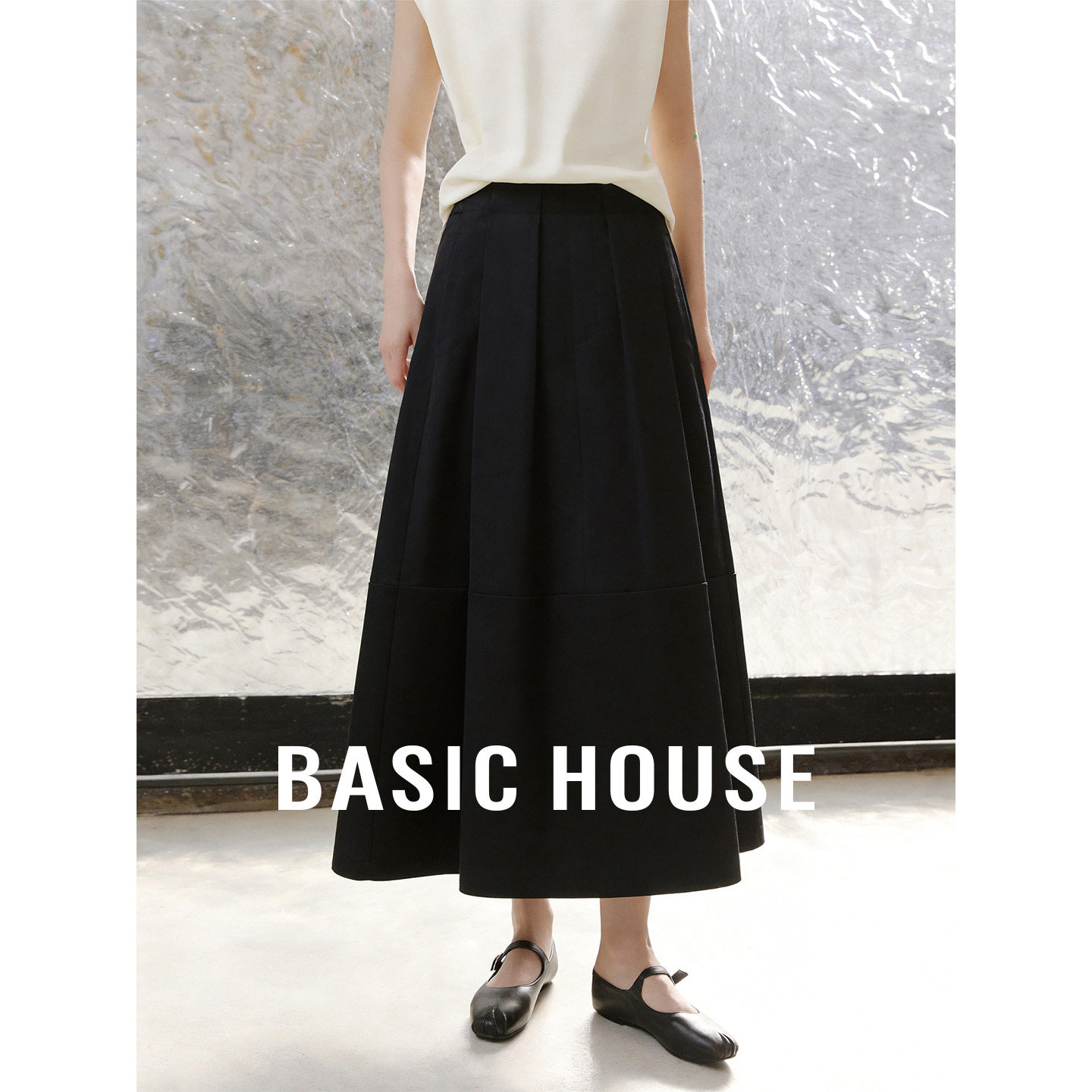 Basic House/百家好黑色高腰简约半身裙女夏季新款宽松显瘦中长裙