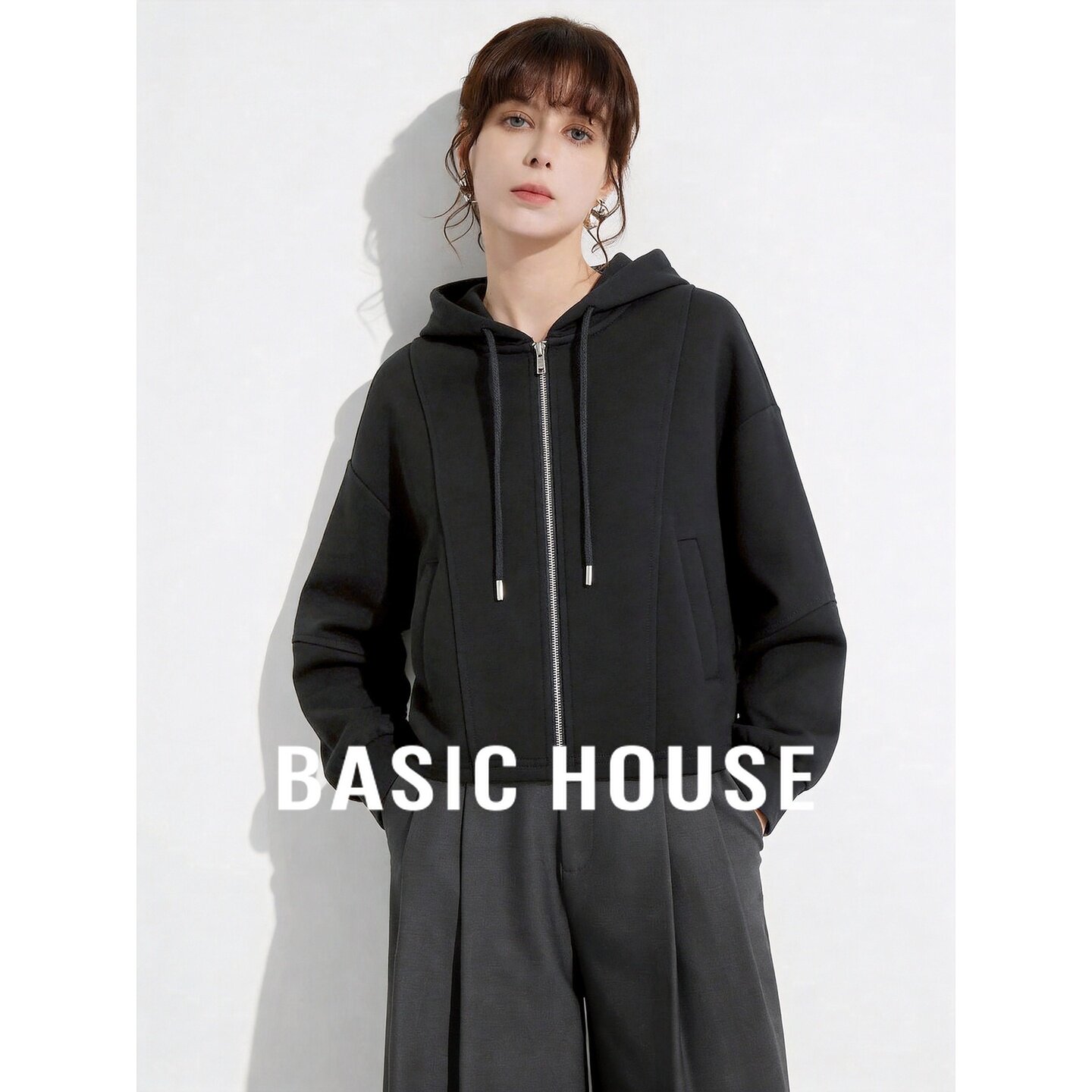 Basic House/百家好黑色连帽卫衣女宽松拉链抽绳帽衫百搭简约上衣