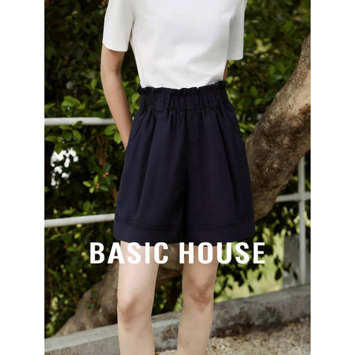 Basic House/百家好藏青色压褶卷边阔腿短裤女2026夏季高腰直筒裤