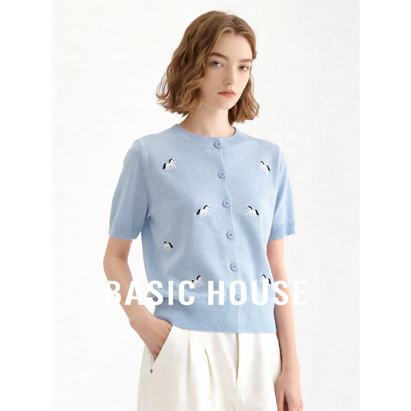 Basic House/百家好小马刺针织开衫圆领宽松短袖女夏新款减龄上衣