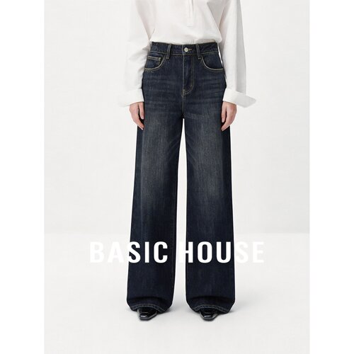 Basic House/百家好复古高腰阔腿牛仔裤女直筒显瘦垂感舒适长裤