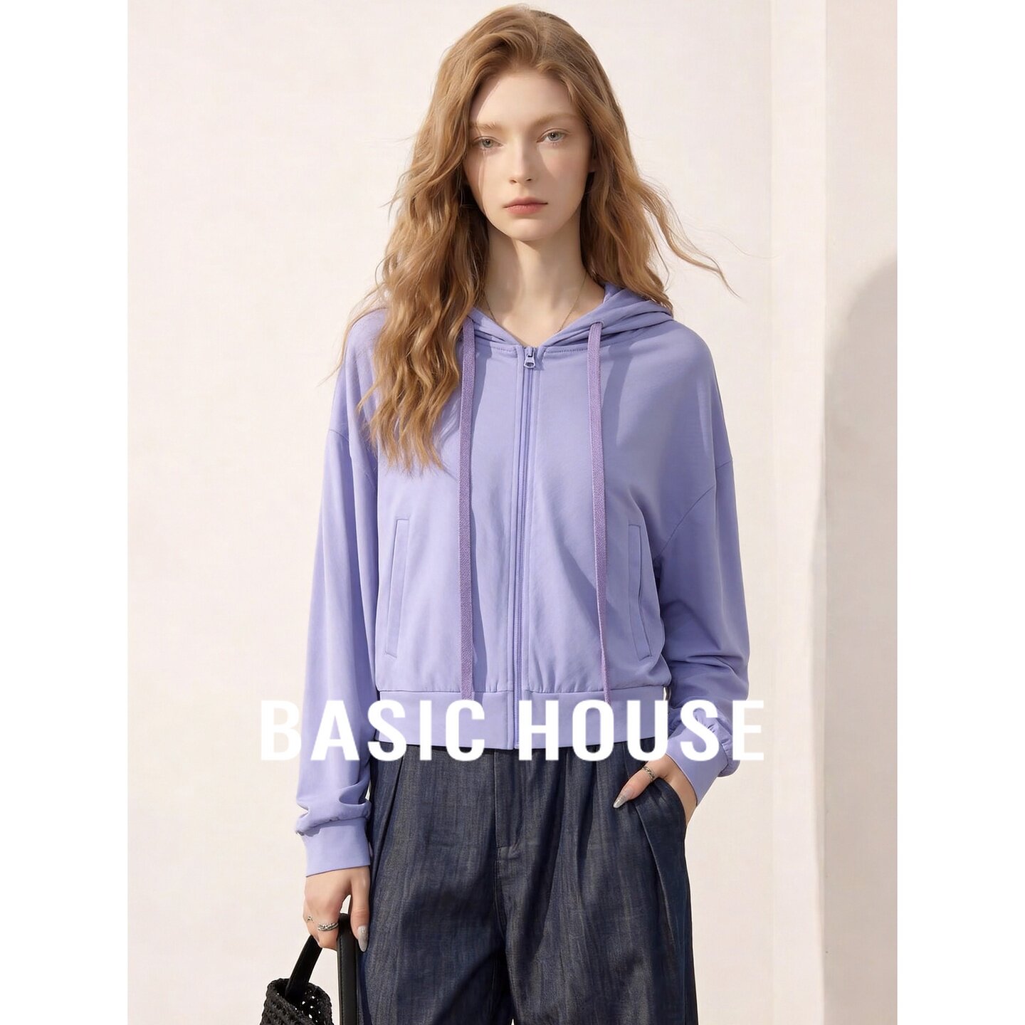 Basic House/百家好2026秋季纯棉连帽拉链短款女士日常休闲外套