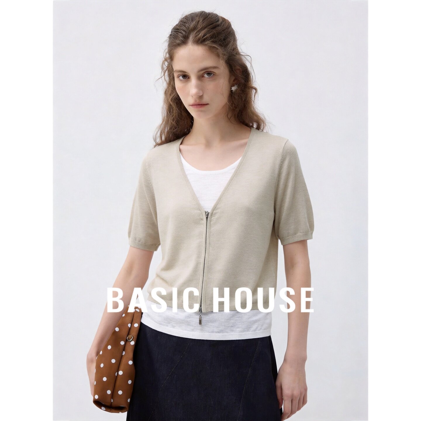 Basic House/百家好V领短袖针织开衫拉链宽松女夏季极简米色通勤