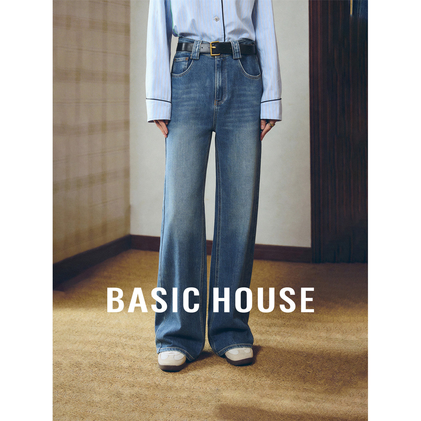 Basic House/百家好蓝色腰带直筒裤女春季新款通勤百搭必备牛仔裤